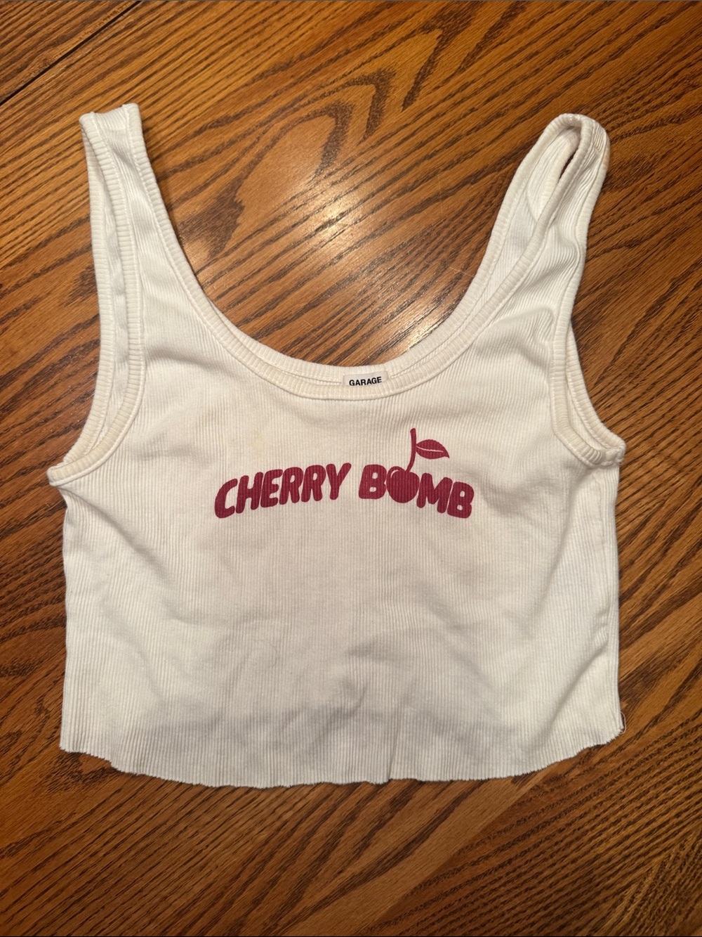 Garage White Cropped Tank with Pink Cherry Graphic